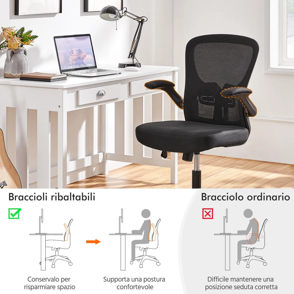 Sedia da Ufficio con Supporto Lombare, Sedia Scrivania Ergonomica con Braccioli Regolabili in Rete Traspirante, Altezza Regolabile e Schienale Inclinabile con Ruote Girevoli Nero