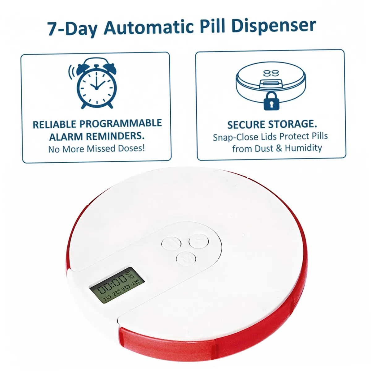 Dispenser automatico di pillole per 7 giorni con allarme – Scatola portatile per medicinali da viaggio con ampio display digitale per farmaci vitaminici, rosso