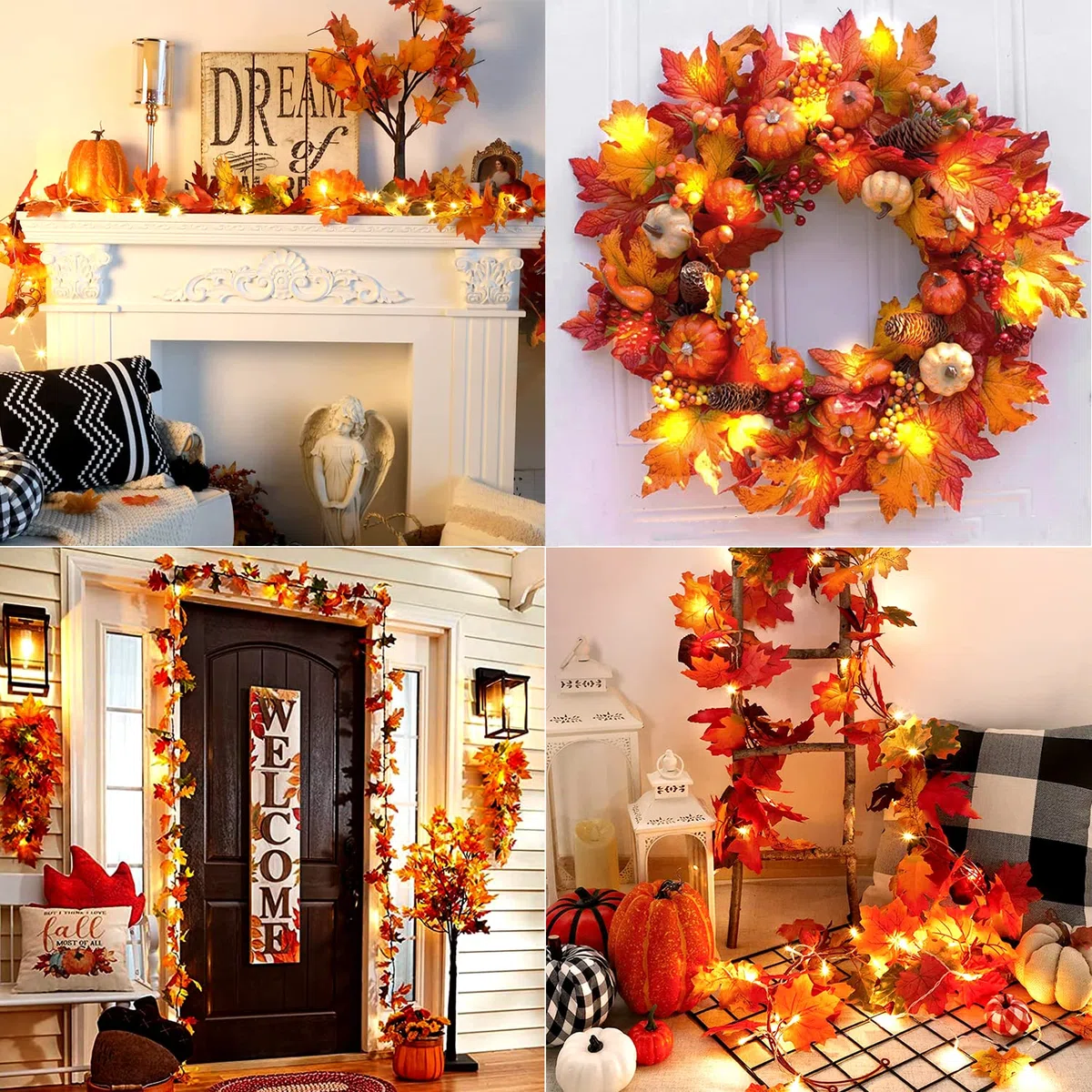 2 Pezzi Ghirlanda Foglie d'Acero Artificiali, OEMG 3,6m Ghirlanda Autunnale con 2 Luci e 4 Ganci, Ghirlande Foglie Autunnali Finte per Decorazioni Natalizie Halloween Autunno Ringraziamento Camino