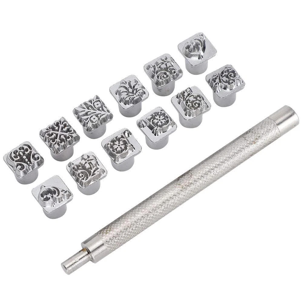 Set di Timbri per Goffratura in Pelle, 12 Pezzi Strumento per Punzonatura per Timbratura Fiore della Dinastia Tang Timbro per Pelle Vegetale Fai-da-te + 1 Pezzo Manico in Metallo