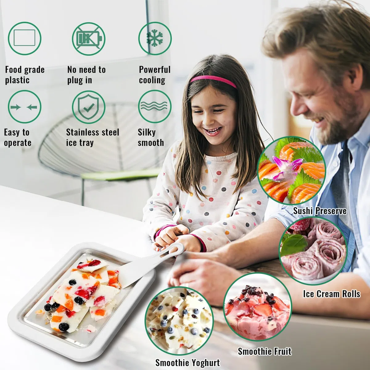 ACTOYS Ice Cream Rolls Machine, Piastra Fredda Per Gelato, Macchina per Gelato con 2 Spatole, Rolled Ice Cream Maker, Creatore di Gelato Istantaneo per Sorbetto, Yogurt Congelato- Bianco