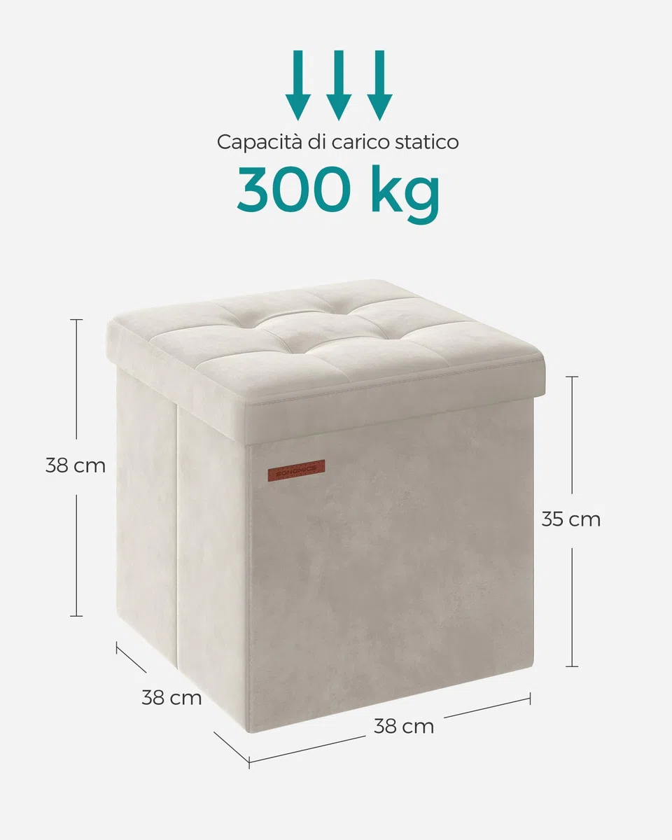 SONGMICS Pouf Pieghevole, Cassapanca in Velluto, Contenitore con Coperchio, Poggiapiedi, 38 x 38 cm, Portata 300 kg, per Corridoio, Soggiorno, Camera da Letto, Bianco Crema LSF227W01