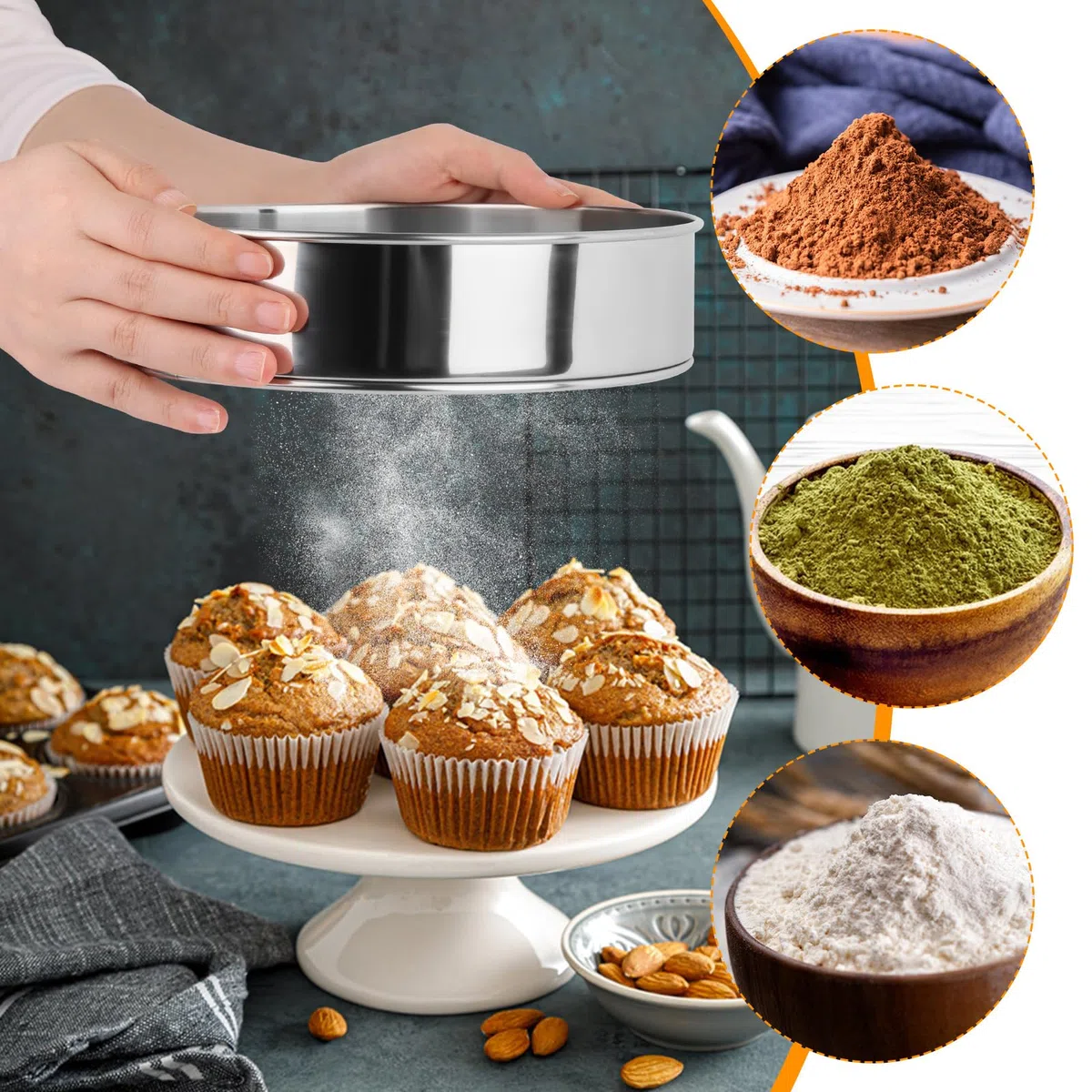 VFANDV Setaccio Farina, 15CM+20CM Rotondo in Acciaio Inossidabile Setaccio Farina, Setaccio da Cucina 60 Maglie Fine Setaccio per Farina Professionale