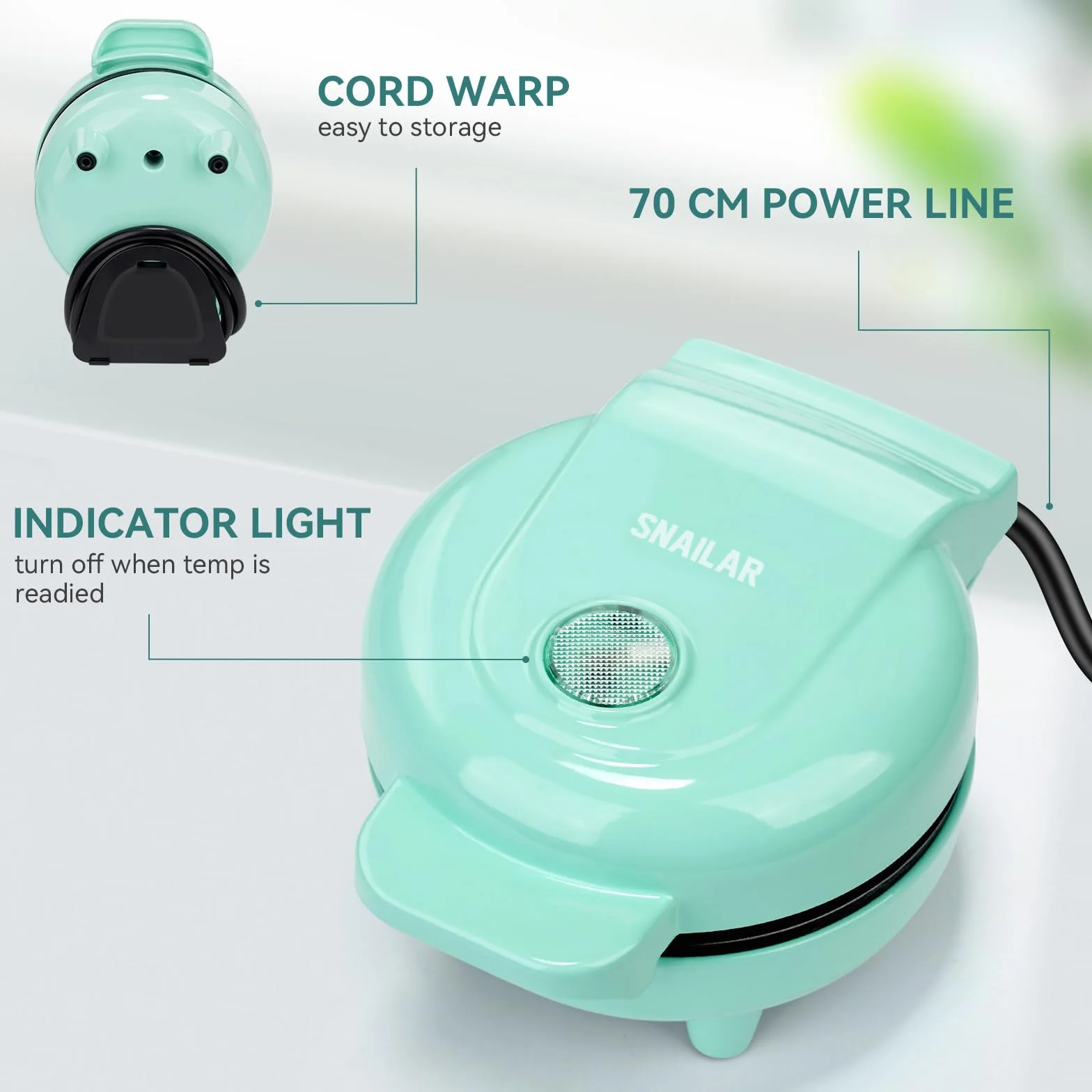 SNAILAR Piastra per Waffle, Mini Macchina per Waffle, 550W Waffle Maker con Rivestimento Antiaderente, Temperatura Automatica, Design Compatto, Verde