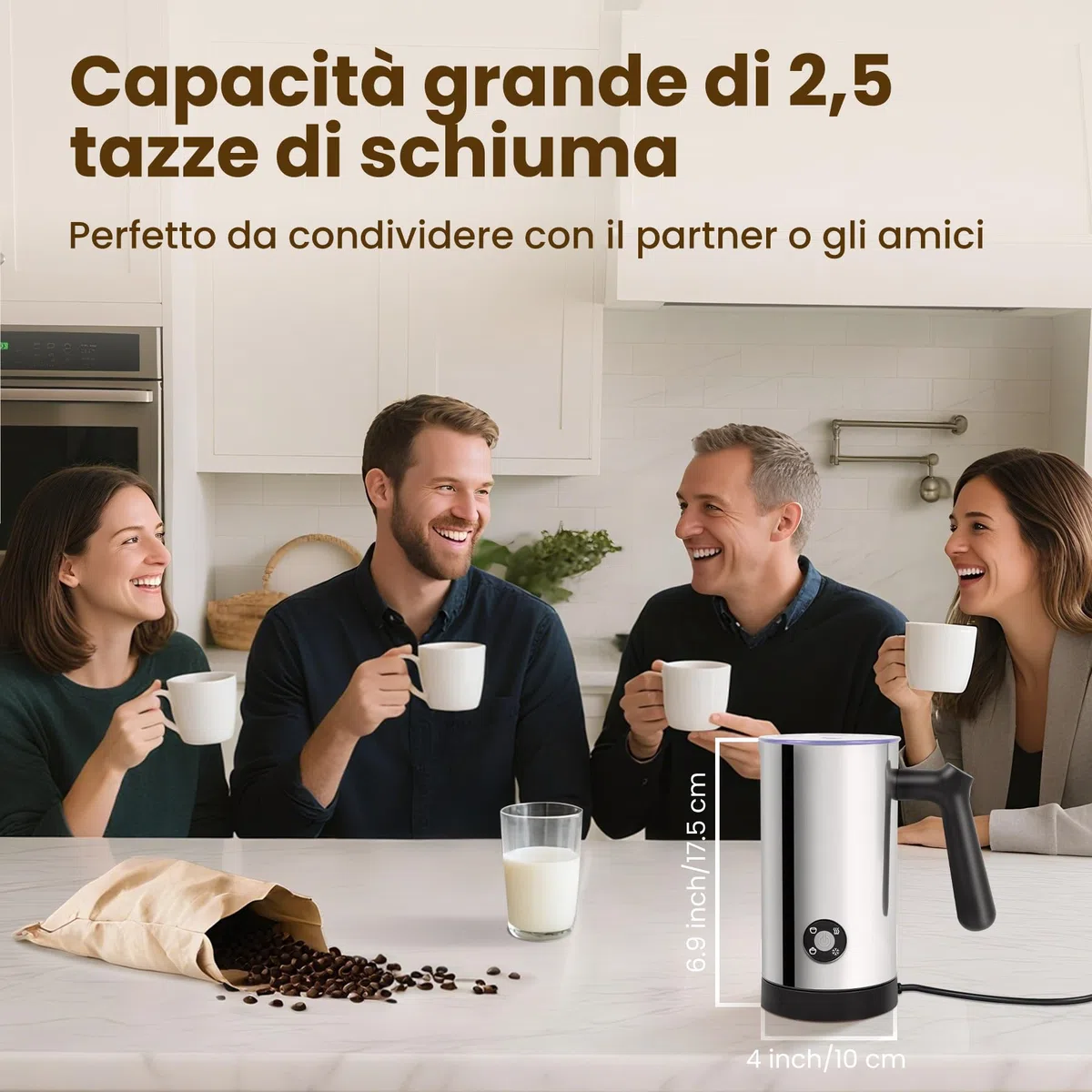 Montalatte Elettrico 4 in 1, Scaldalatte per Calda e Fredda in Acciaio Inossidabile per Cappuccinatore，Caffè, Cioccolata 300ML