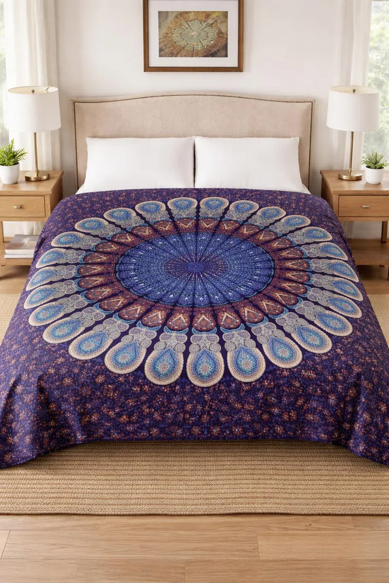 Telo Copritutto Mandala 210x240 cm, Copridivano 3 Posti Boho Indiano in Cotone, Multiuso per Mare, Picnic, Arazzo da Parete, Casa e Viaggio