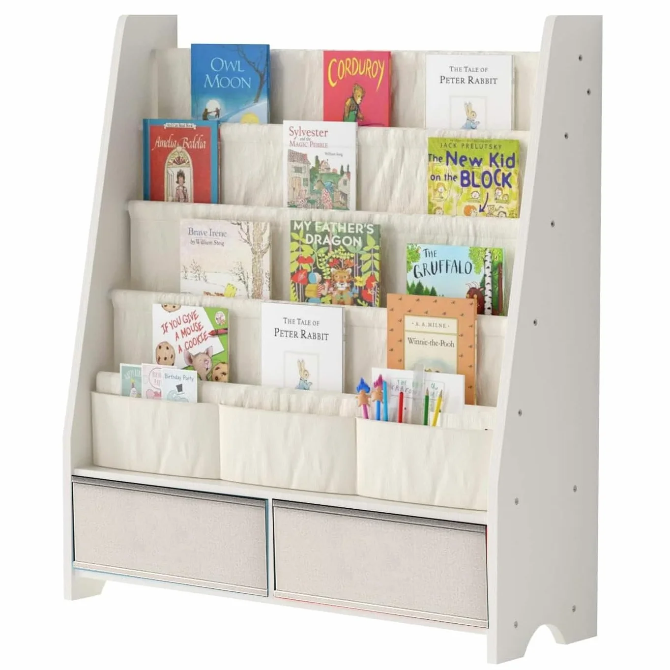 HEYOUTH Scaffale Libri Montessori in Legno Massello con 2 Contenitori e 4 Ripiani Aperti - Mobile Bambini, Libreria con Anti-Ribaltamento 86x70x28cm