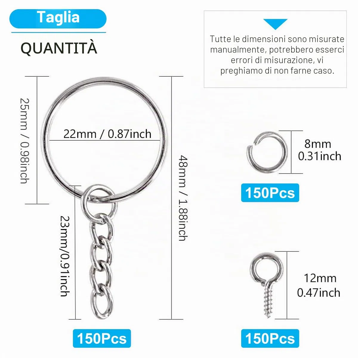 150 Pezzi Anelli Portachiavi, 25mm Anello Portachiavi per Fai da Te Gioielli Oggetti Fatti a Mano e Piccoli Accessori, con 150 Viti Oculari, 150 Anelli Split Jump e 1 Scatola di Plastica