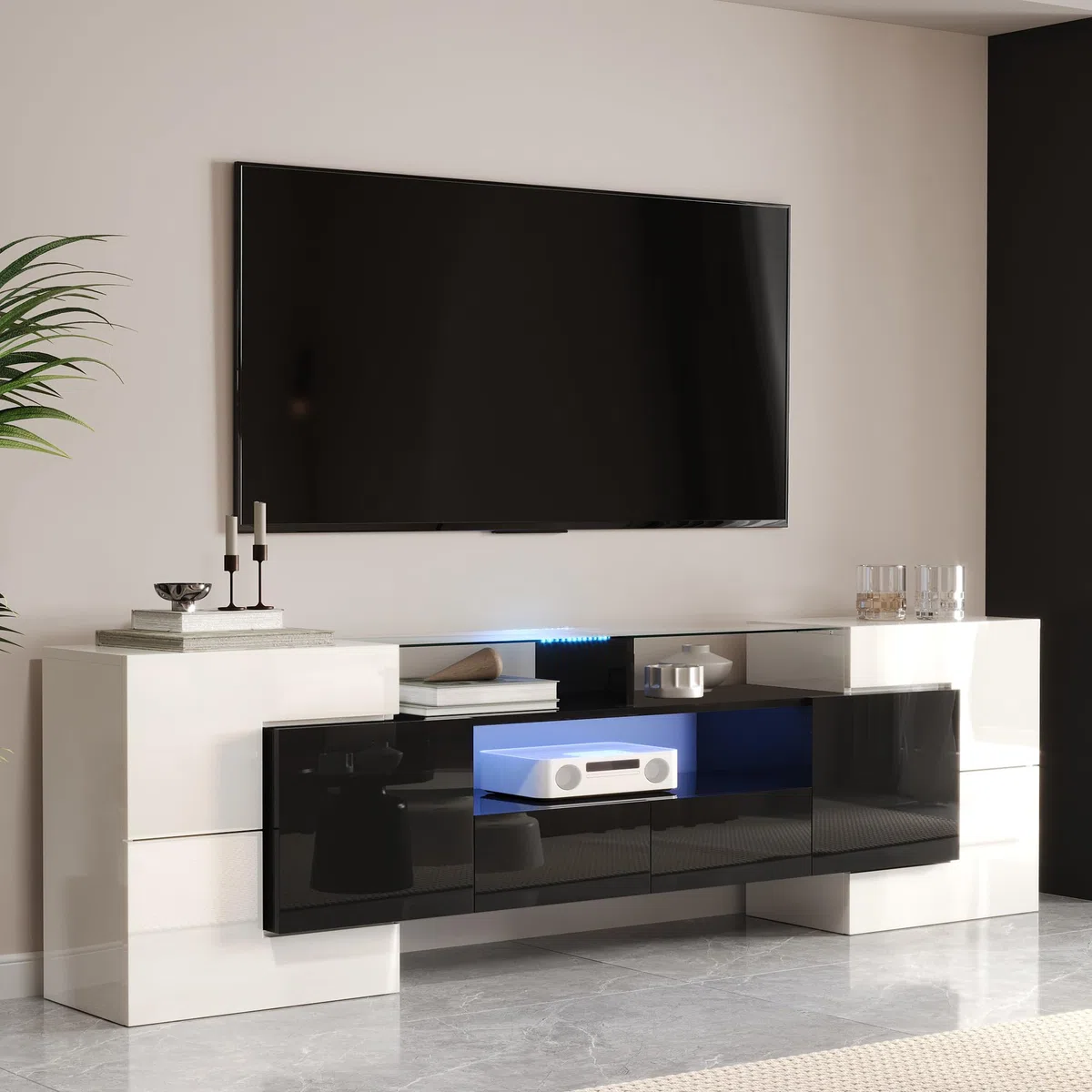 Lowboard per TV moderna, larghezza 200 cm, bianco lucido e grigio, con illuminazione LED RGB, 6 ante e 2 cassetti, armadietto multimediale (bianco+nero + MDF)