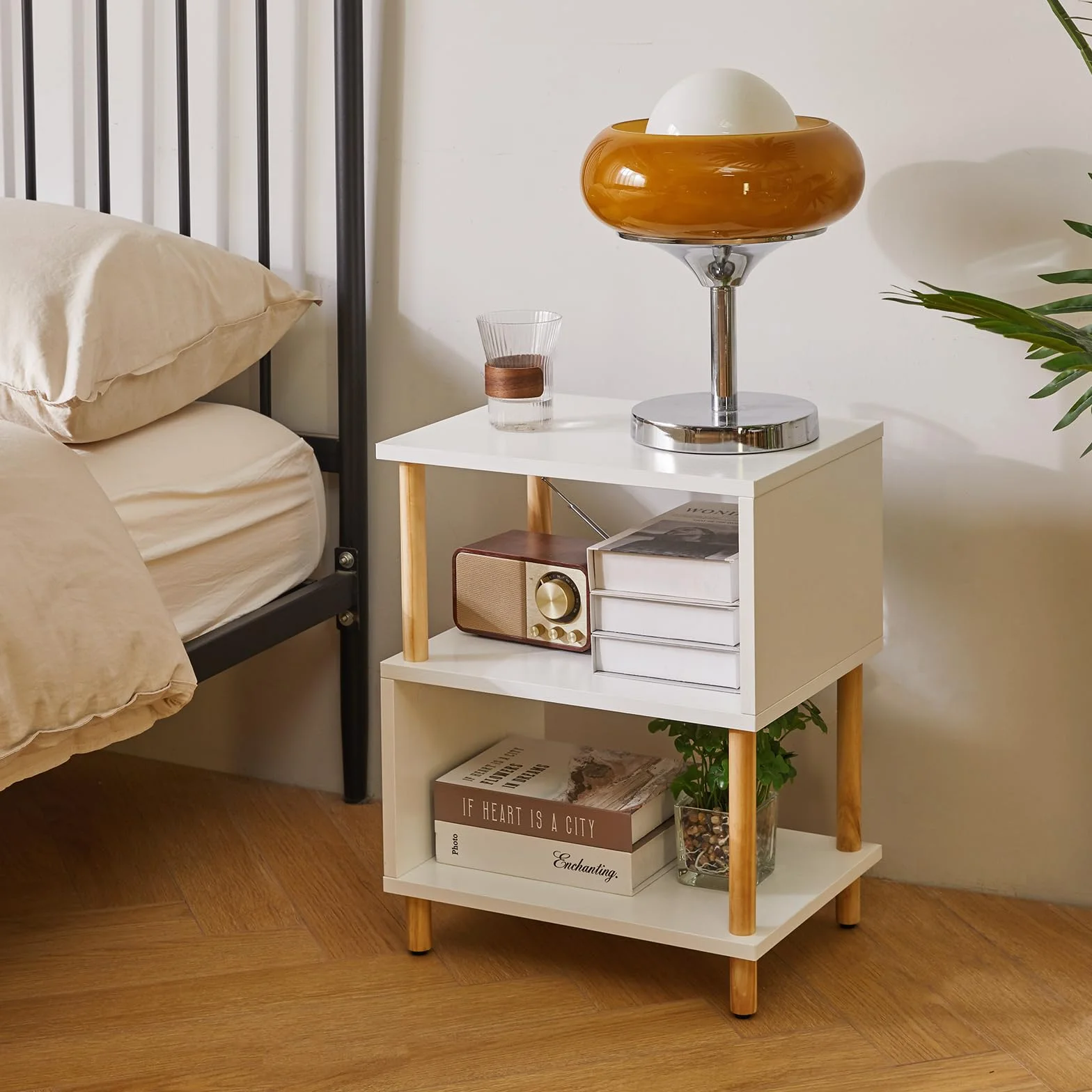 Aibiju Tavolino Bianco, Tavolino Piccolo, Comodino Moderno con contenitore per Camera da Letto/Soggiorno/Corridoio/Ufficio, Bianco+Gambe in Legno Naturale, YD-TM152W