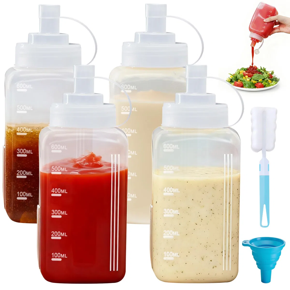 4 Pezzi Bottiglia Squeeze di Plastica, 600ml Bocca Grande Biberon Cucina Professionale con Tappi, Pennello di Pulizia, Imbuto, Squeeze Bottle Sauce per Ketchup, Senape, Mayo, Olio, Salse