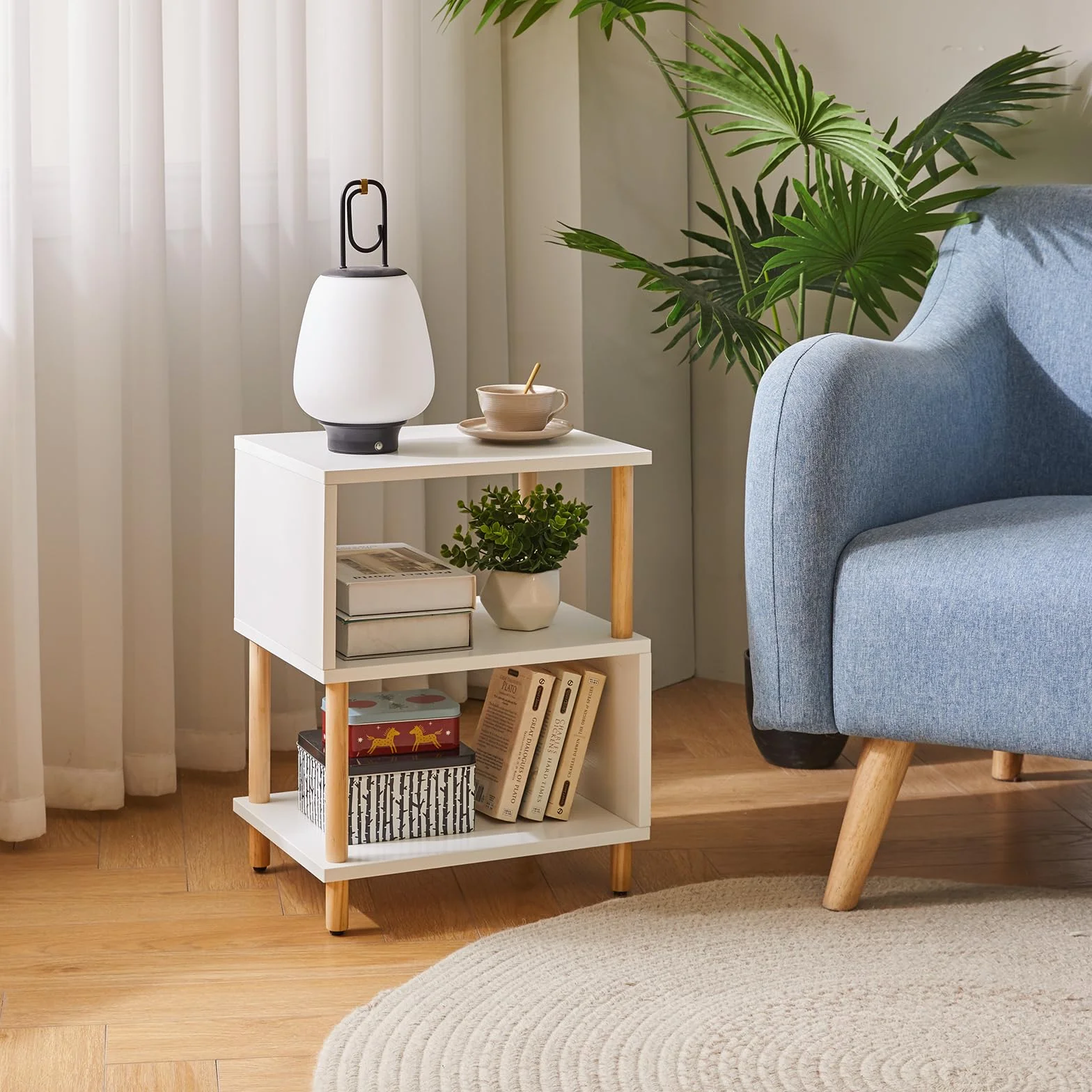 Aibiju Tavolino Bianco, Tavolino Piccolo, Comodino Moderno con contenitore per Camera da Letto/Soggiorno/Corridoio/Ufficio, Bianco+Gambe in Legno Naturale, YD-TM152W