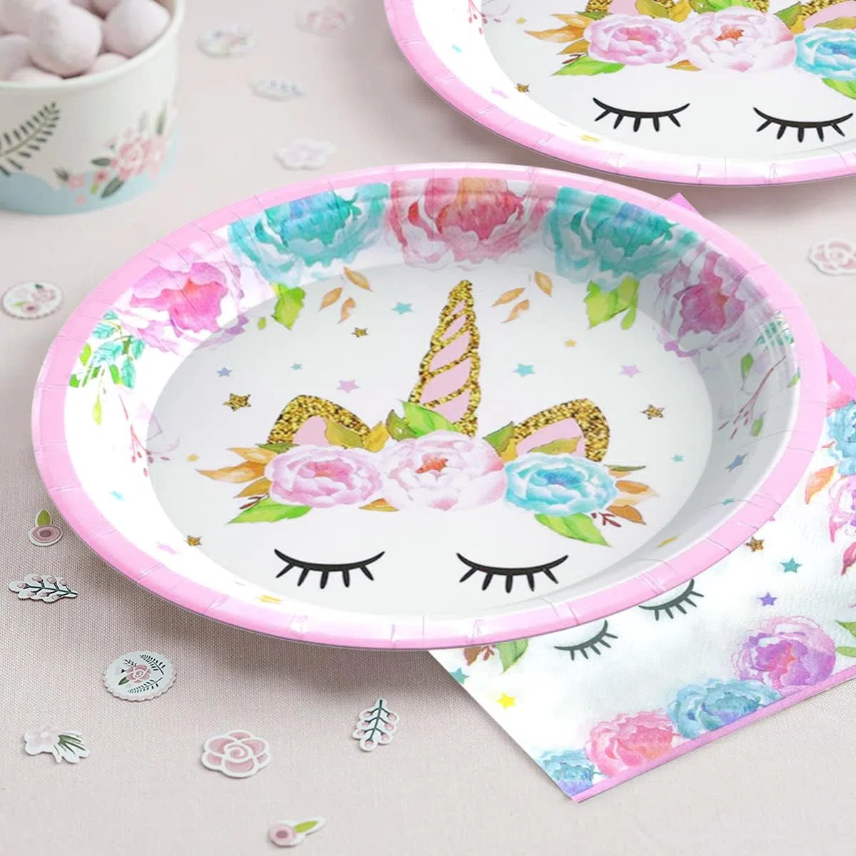 Bikasun Set di stoviglie per feste con unicorno, 16 ospiti, set di piatti con unicorno, per compleanno, per bambini, piatti di carta, tovaglioli, tovaglioli, decorazione per feste