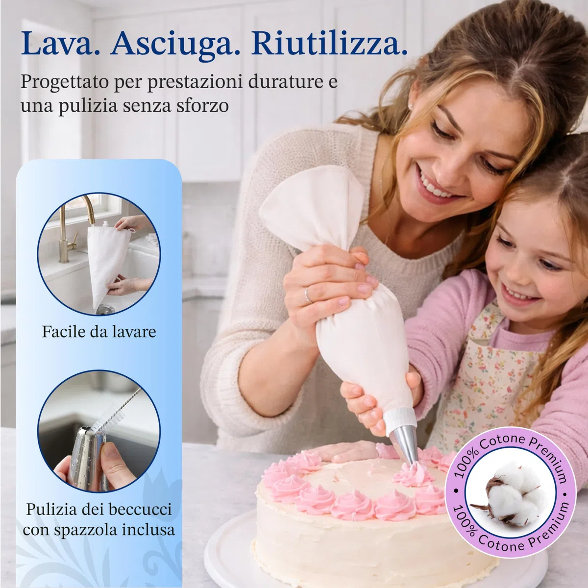 Sac à Poche Riutilizzabile Professionale in Cotone Extra Resistente Set con 10 Beccucci in Acciaio Inox 304 + 2 Spazzole Ideale per Torte e Cupcake