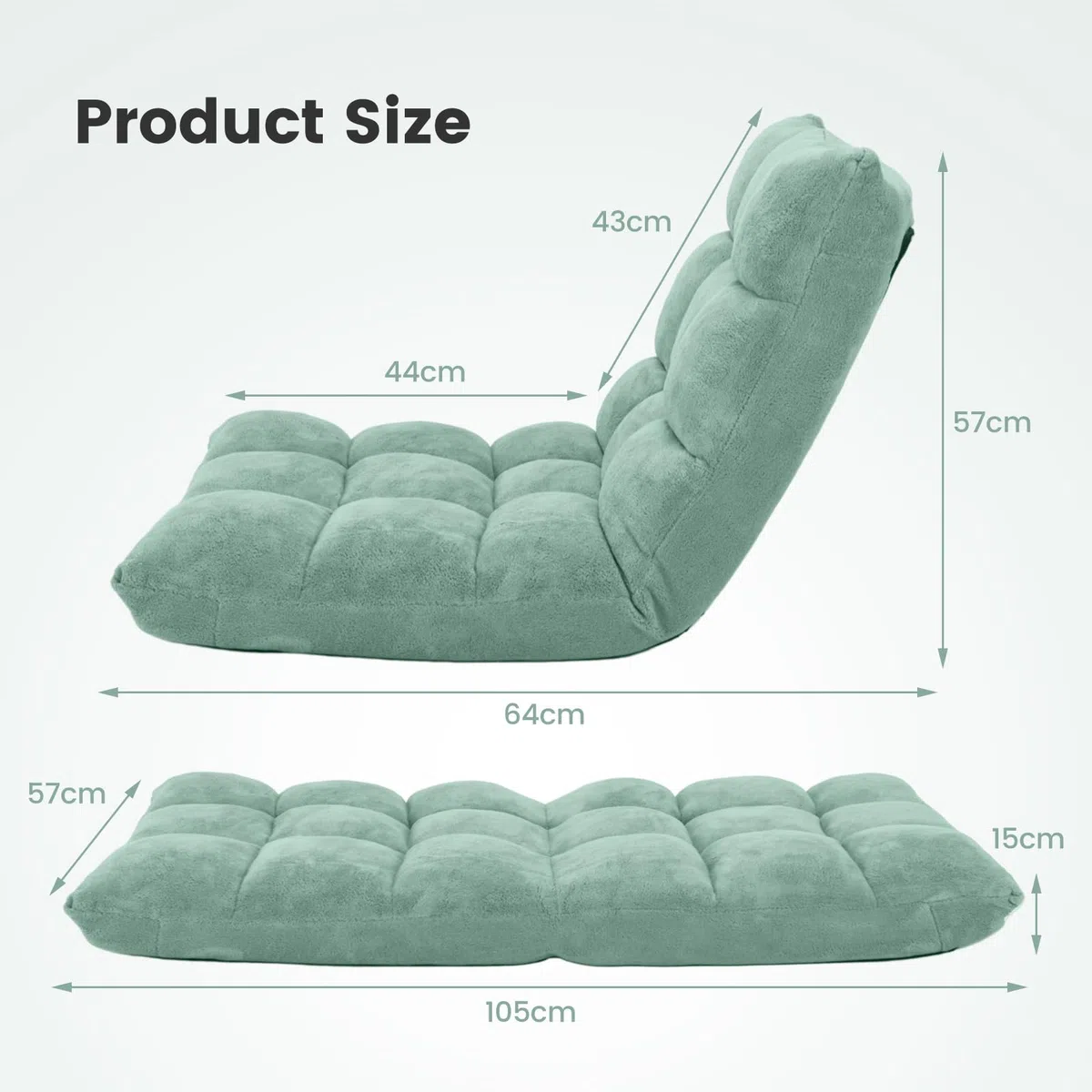 HOMASIS Sedia da Pavimento con Schienale Regolabile in 14 Angoli, Sedia Pieghevole in Velluto a Costine, Poltrona Imbottita per Lettura, Meditazione, Cuscino da Terra, 15cm Spessori (Verde Fruta)