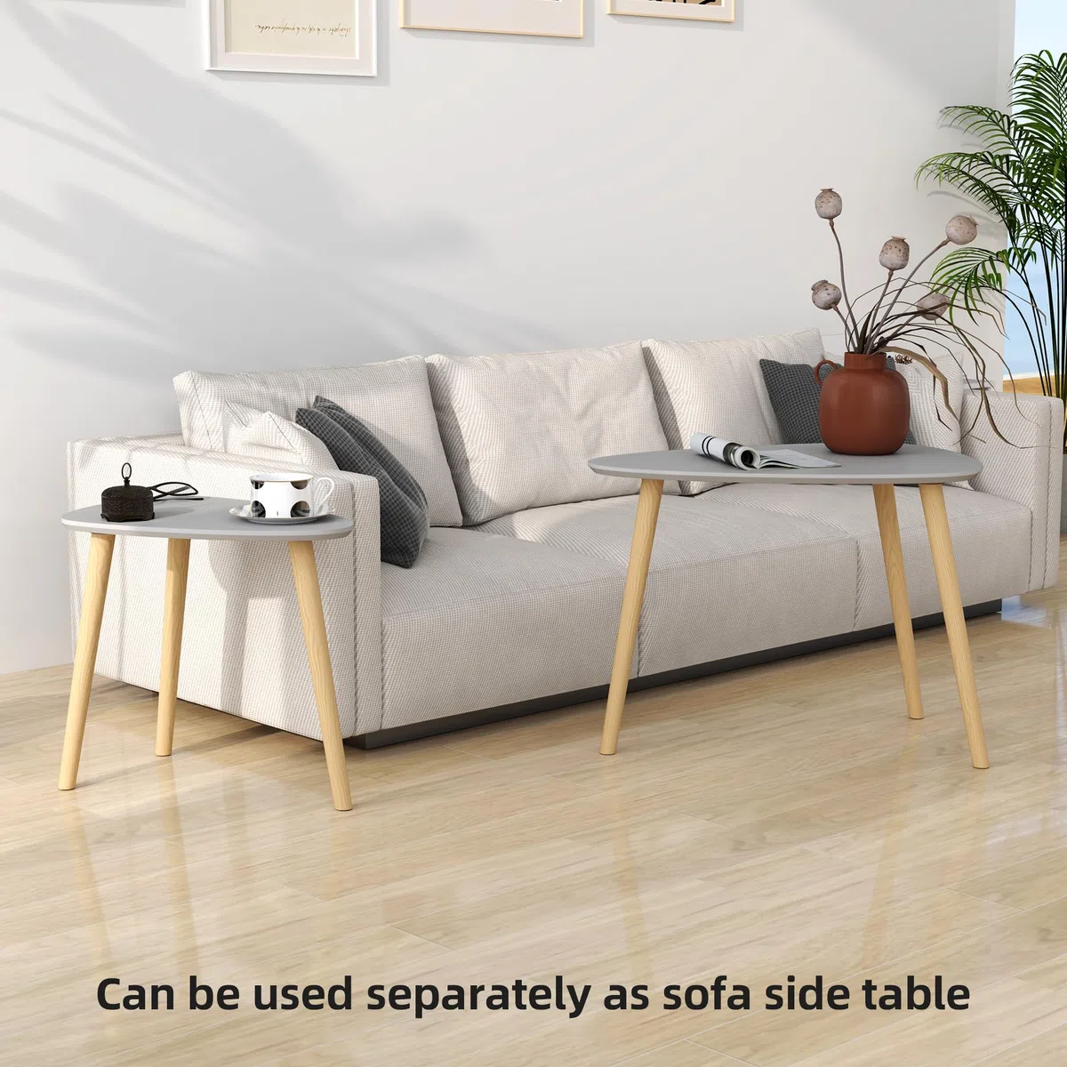 HOMCOM Set di 2 tavolini con gambe in legno Tavolini da caffè per soggiorno, camera da letto, ufficio 59,5x39,5x45 cm e 44,5x28,5x40 cm Grigio e naturale
