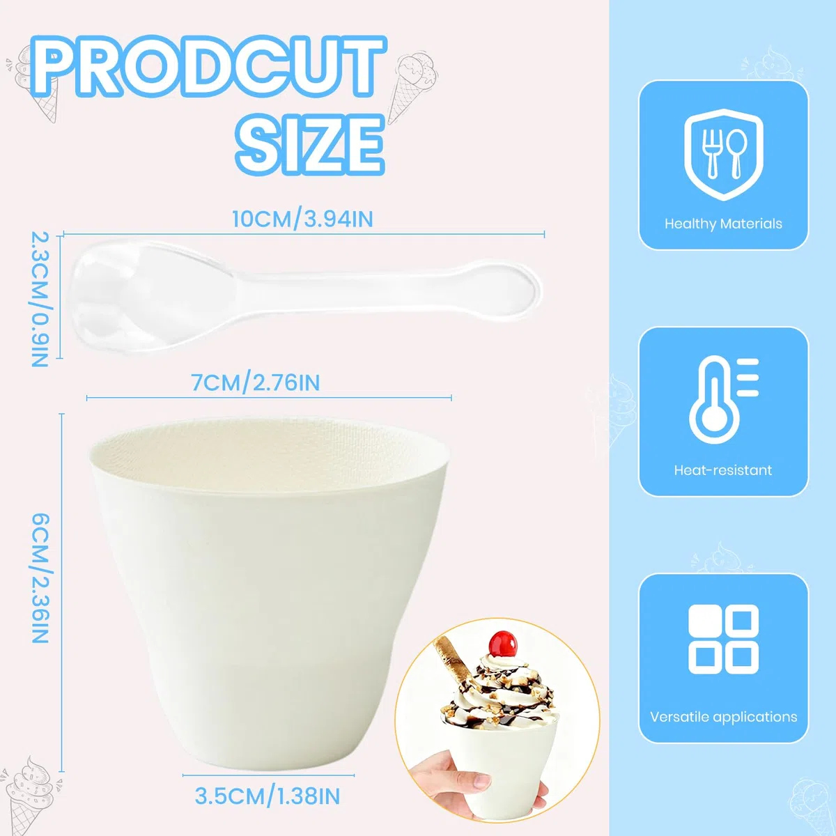 Ciotola di carta bianca per gelato con cucchiaio – Ciotola per feste di compleanno per bambini, ciotola per dessert – Ciotola di carta per gelato (F)