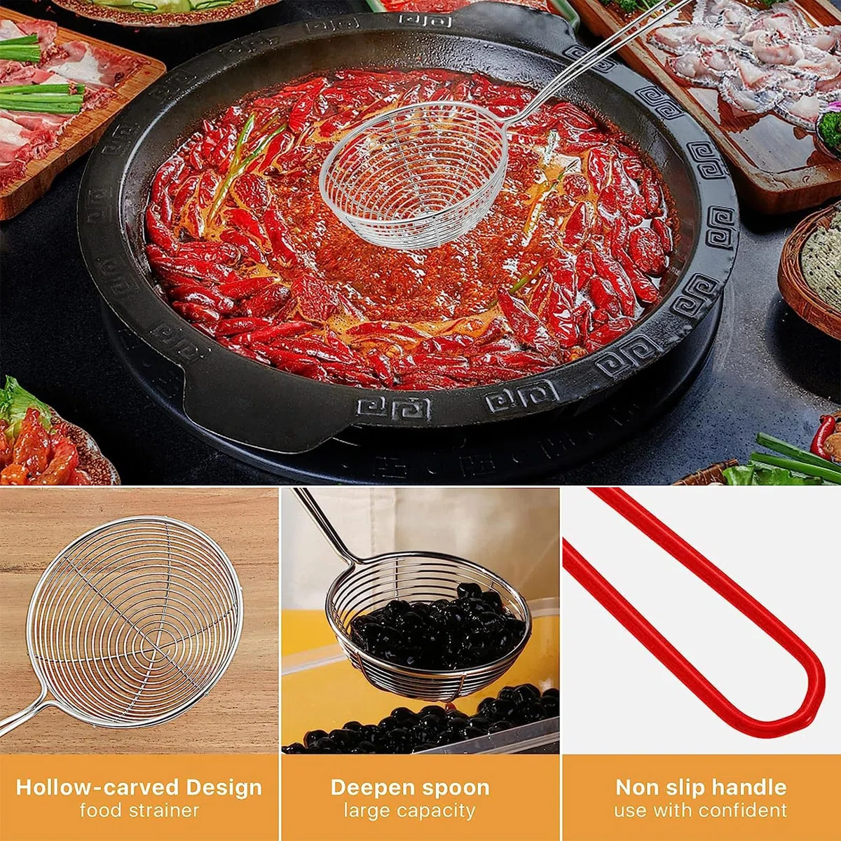 Cucchiaio Forato in Acciaio Inossidabile, Set di 3 Scolapasta in Acciaio Inossidabile,Colino a Ragno, Cucchiaio a Rete da Cucina, Cucchiaio Forato per Colino per Pasta, per Friggere in Cucina