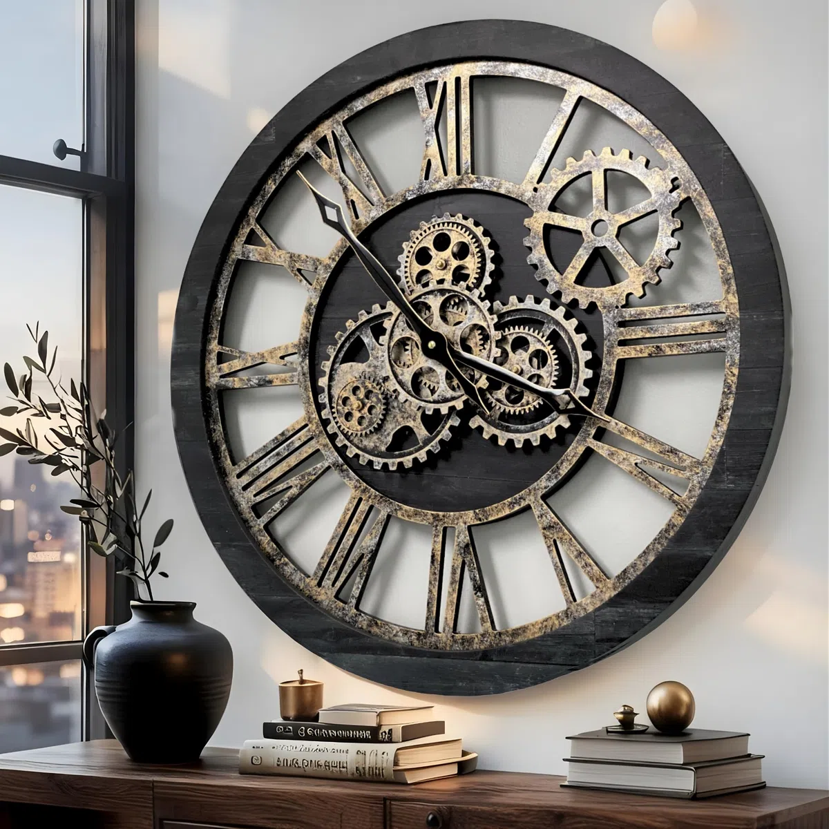 ImprovingLife - Orologio da parete in stile vintage, industriale, stile rustico, 60 cm (legno nero e bronzo)