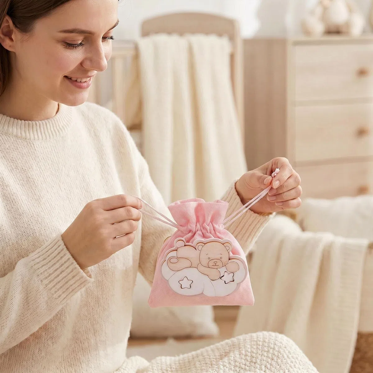Sacchetto Sacchettini Sacchetti per Confetti Bomboniere Battesimo Bambina Ragazzo Portaconfetti Comunione 12 Pieces (Rosa Pastello, Orsetto Sulle Nuvole)