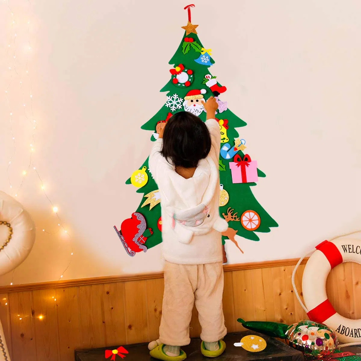 FengRise Albero Natale Feltro - 120cm Albero di Decorazioni Natalizie con 25 Ornamenti Natalizi Staccabili per Regali di Natale di Nuovo Anno per Bambini, Decorazioni Natale per Casa Pareti di Porte