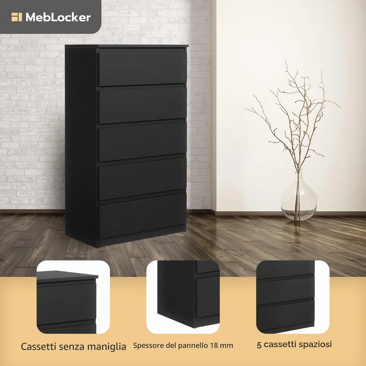 Cassettiera con 5 Cassetti - Settimino 39x70x125 cm - Cassettiera Salvaspazio per la Camera da Letto e Soggiorno - Armadio con Cassetti dal Design Moderno - Nero