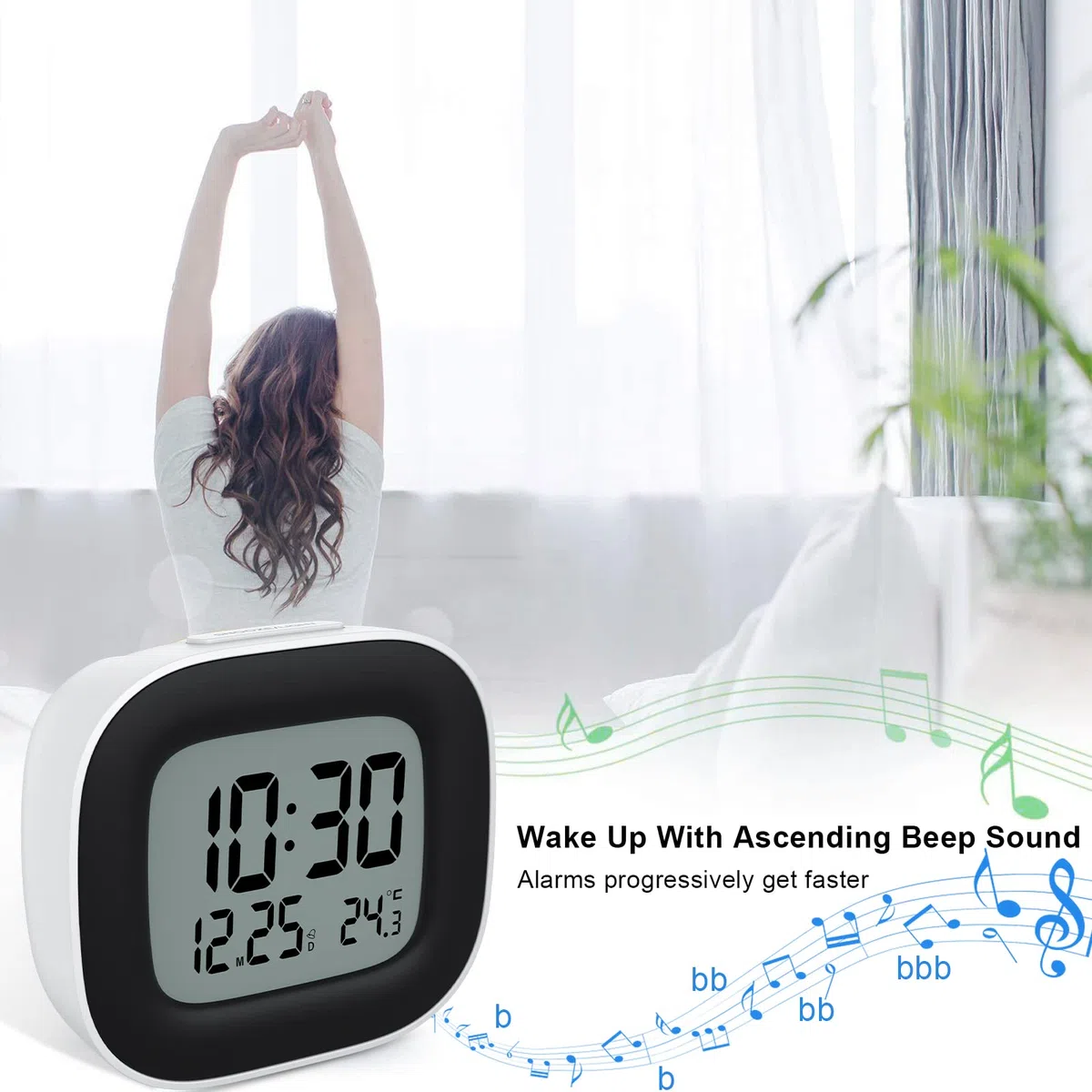 Sveglia da Comodino a Pile con Visualizzazione della Temperatura, Funzione Snooze e Retroilluminazione per Viaggi, Camera da Letto (2 Batterie AAA Incluse) Bianco