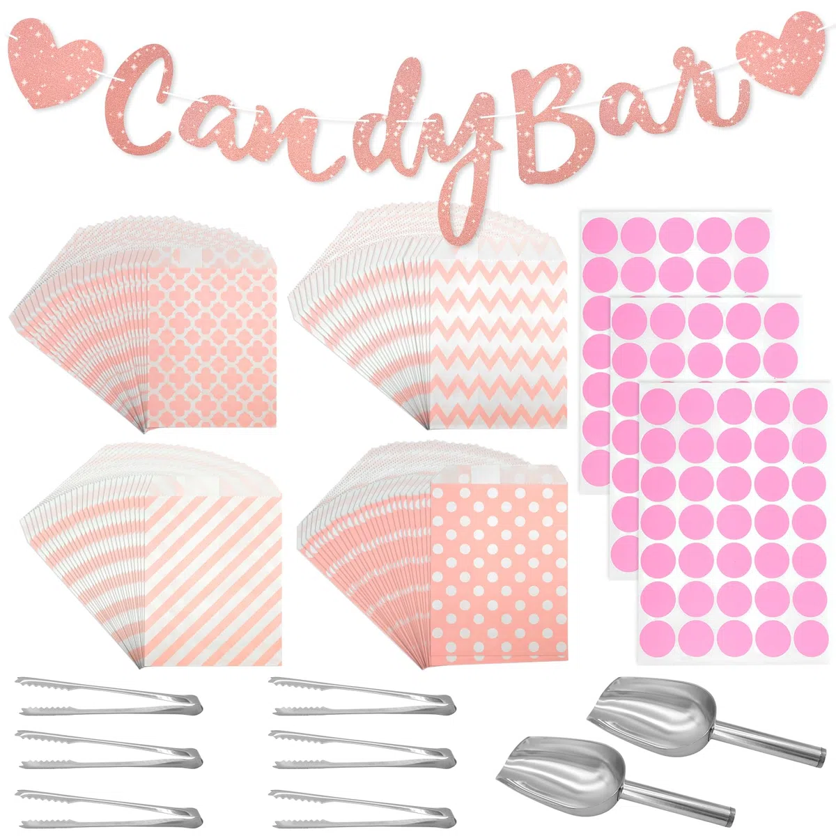 112 Accessori Candy Bar: 100 Sacchetti, 6 Pinze, 2 Paletti, 3 Fogli Adesivi e 1 Decorazione Rosa