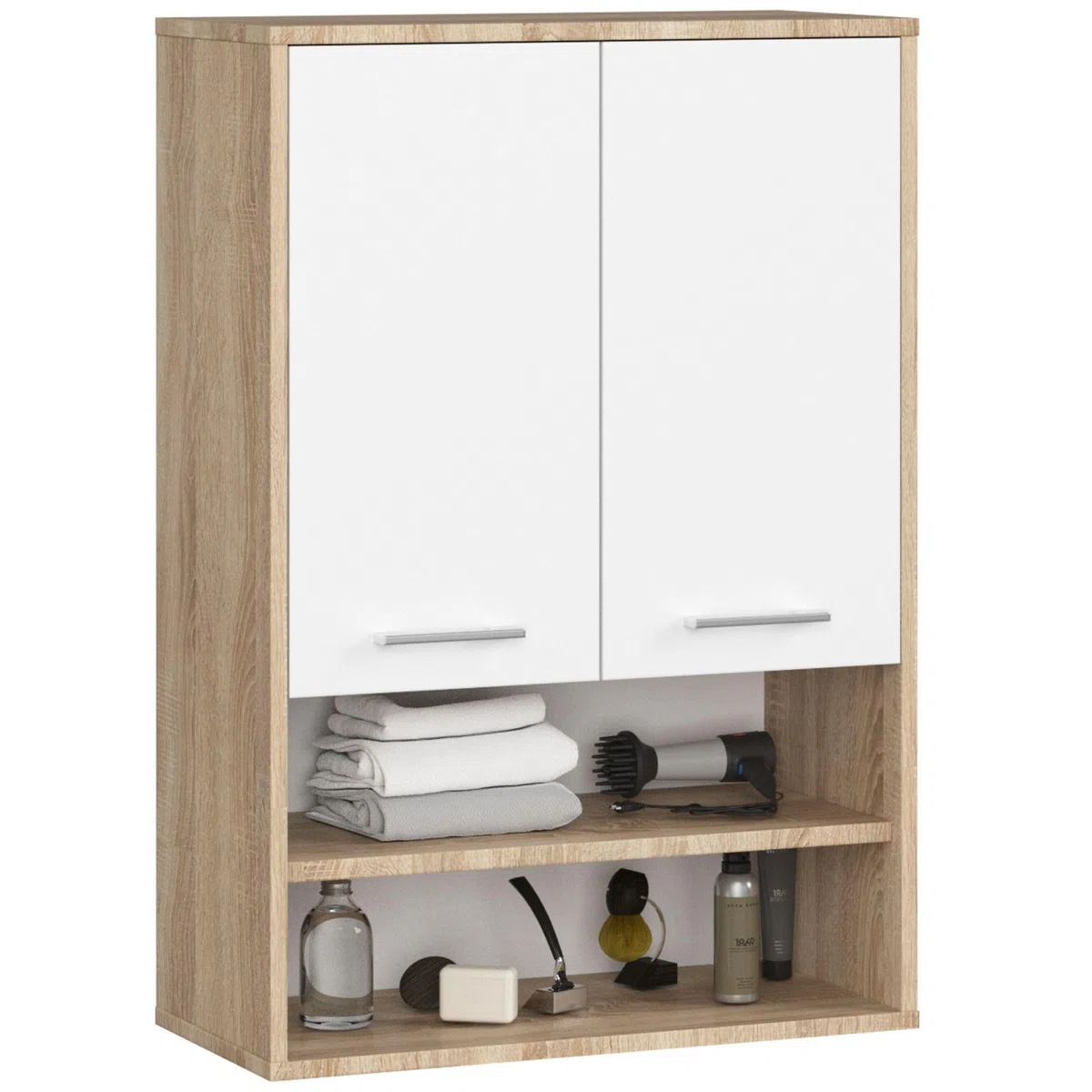 AKORD Mobiletto Bagno Sospeso FIN 64 cm - 2 Ante Basculanti 4 Ripiani - Pensile Salvaspazio da Parete - Laminato Opaco - Mobile Modulare - 64x94x30 cm - per Spazi Ristretti - Rovere Sonoma & Bianco
