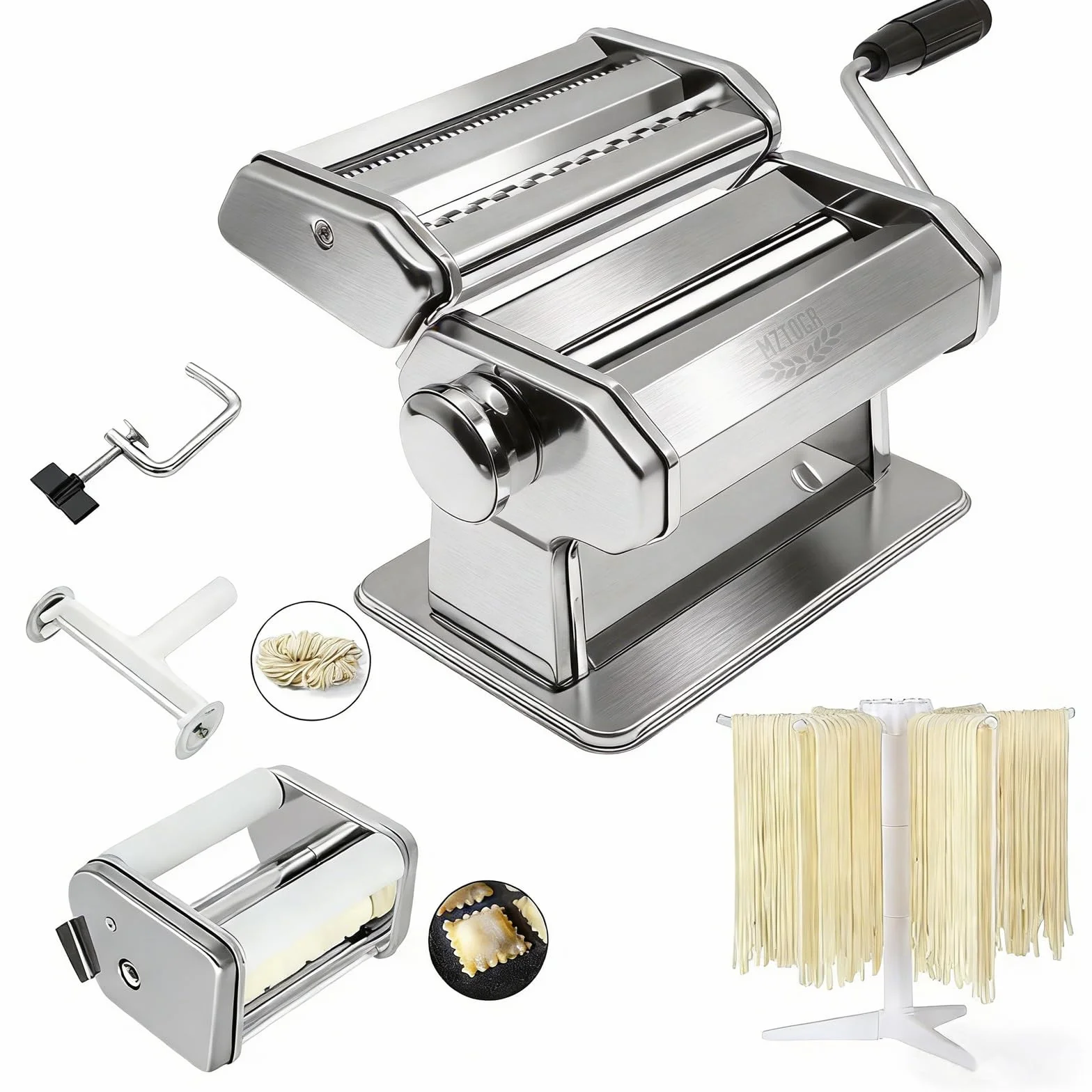 MZTOGR Macchina per pasta e ravioli, set di 6 pezzi da 150 mm in acciaio con 9 impostazioni di spessore regolabili, include accessorio per ravioli, stendipasta