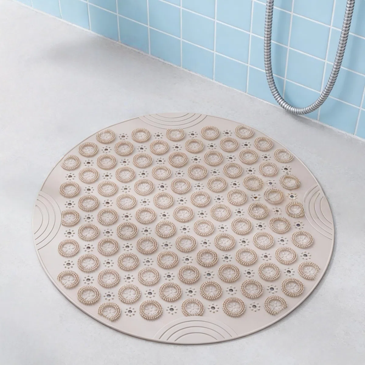 1 tappetino da doccia rotondo 55 x 55 cm, tappetino antiscivolo per doccia e vasca, tappetino da bagno con ventose, fori di scarico, lavabile in lavatrice, ad asciugatura rapida (cachi)
