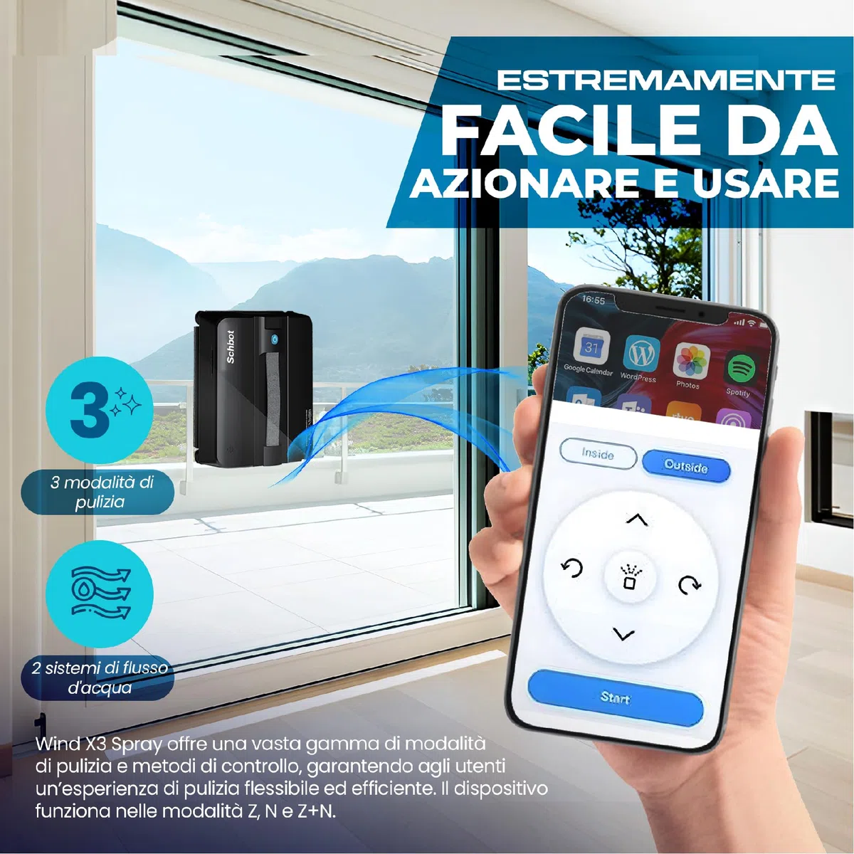 Wind X3 robot lavavetri finestre con Spray Automatico - lava vetri finestre elettrico Anticaduta per Specchi e Superfici Lisce, lavavetri elettrico Efficace Senza Lasciare Tracce