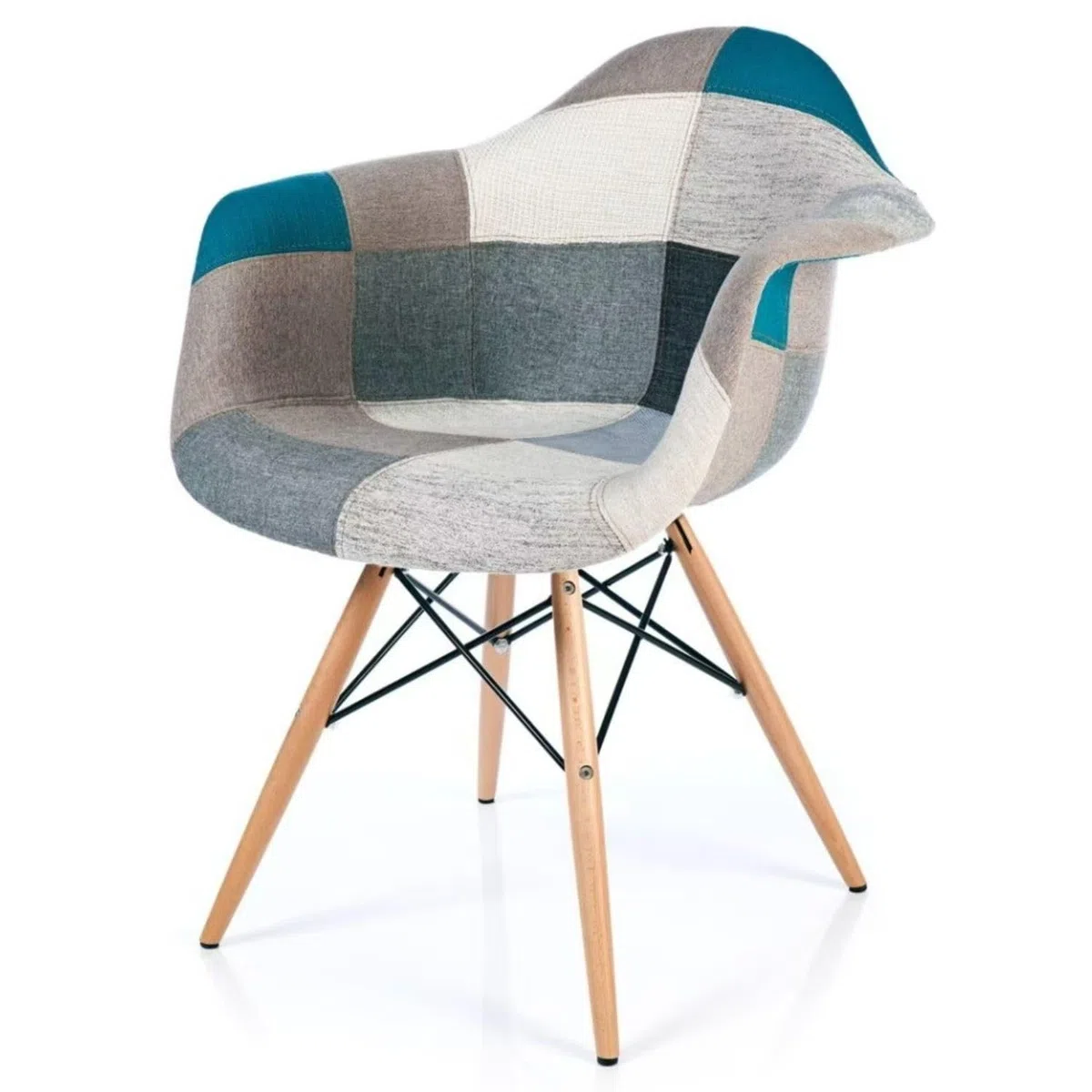 buybuy Poltroncina Serie Picasso in PP con Seduta Imbottita in Spugna Rivestita in Stoffa Stile Patchwork Cucita a Mano, Piedi in Faggio e Metallo, Colori Freddi PIC015