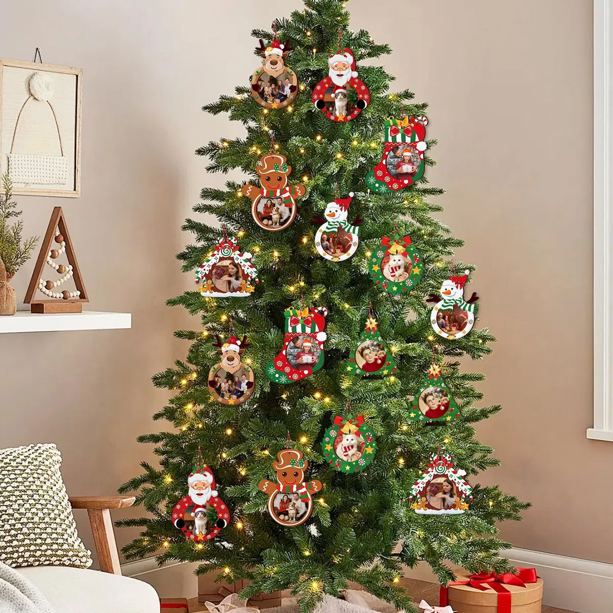 Decorazione per albero di Natale, 16 cornici per foto di Natale, in legno, per foto di Natale, in legno