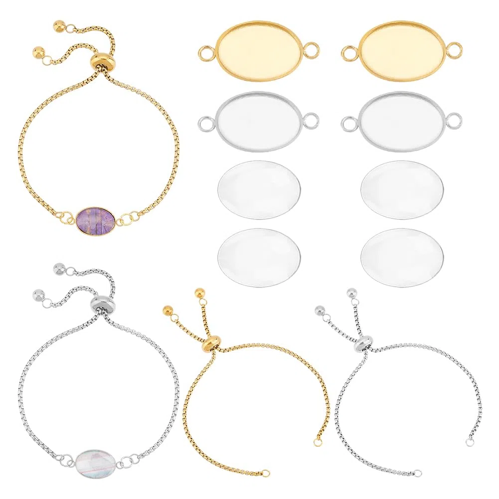 UNICRAFTALE 8 Set 2Colori In Acciaio Inossidabile Fai Da Te Kit per Creazione di Braccialetti A Maglia Ovale Vuoto Regolabile Cursore Catena con Connettore Cabochon Ovale Lunetta con Cabochon In Vetro