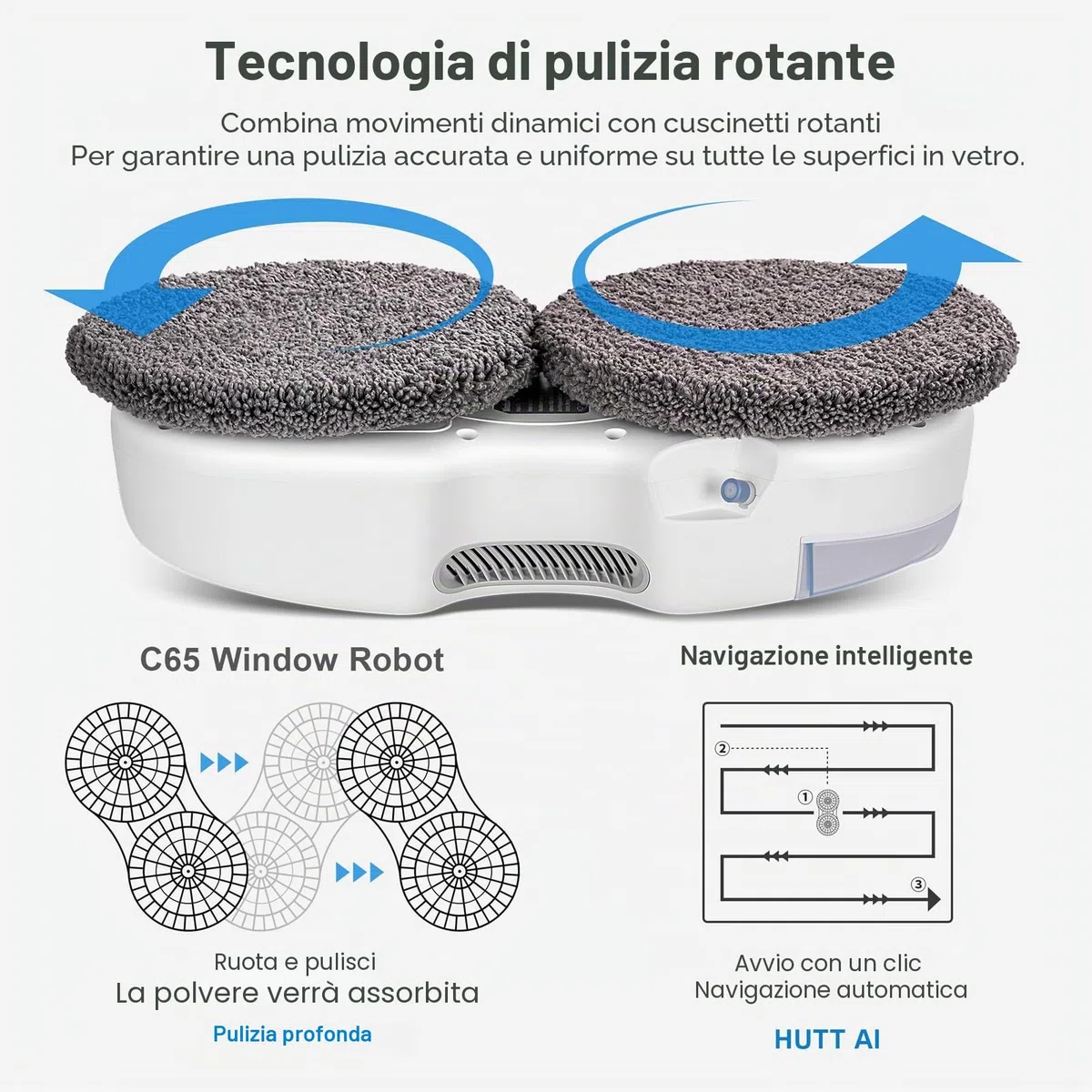 HUTT C65 Robot Lavavetri Finestre con Serbatoio, Robot Lava Vetri Elettrico a Pulizia di Lava con Telecomando, 3800Pa, Acqua Spruzzo, Funziona su Tutte Le Superfici Liscie, con 10pcs Panno, Valigia