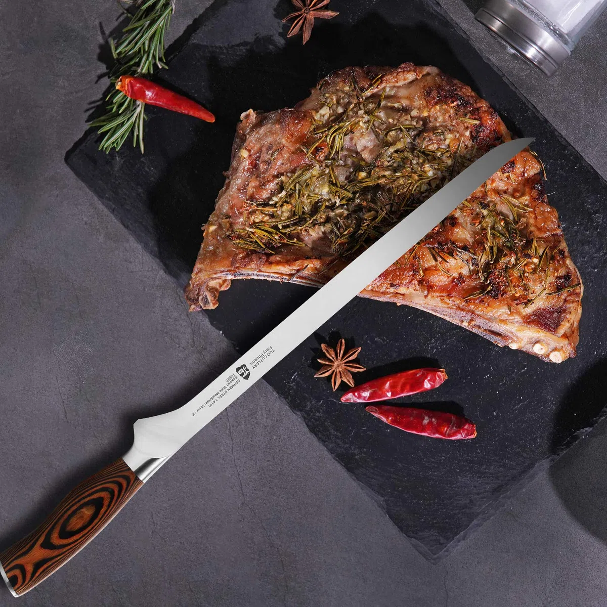 TUO Coltello Giapponese 30,5 cm - Coltello Sushi per tagliare carne e prosciutto in stile spagnolo - tedesco in acciaio e comodo manico in Pakkawood - Confezione regalo inclusa - Serie Fiery