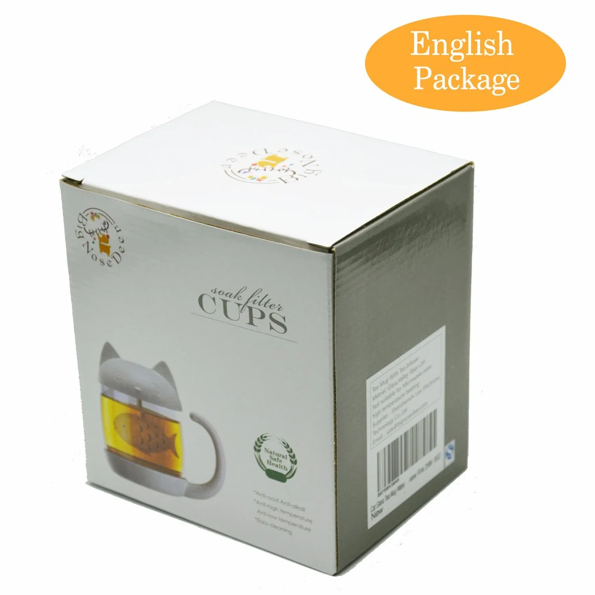 BigNoseDeer Tazza da tè in vetro con gatto carino, tazza da tè con infusore per tè a forma di pesce, Bottiglia dell'Acqua con Il Filtro,Tazza di caffè 250ML(8OZ)