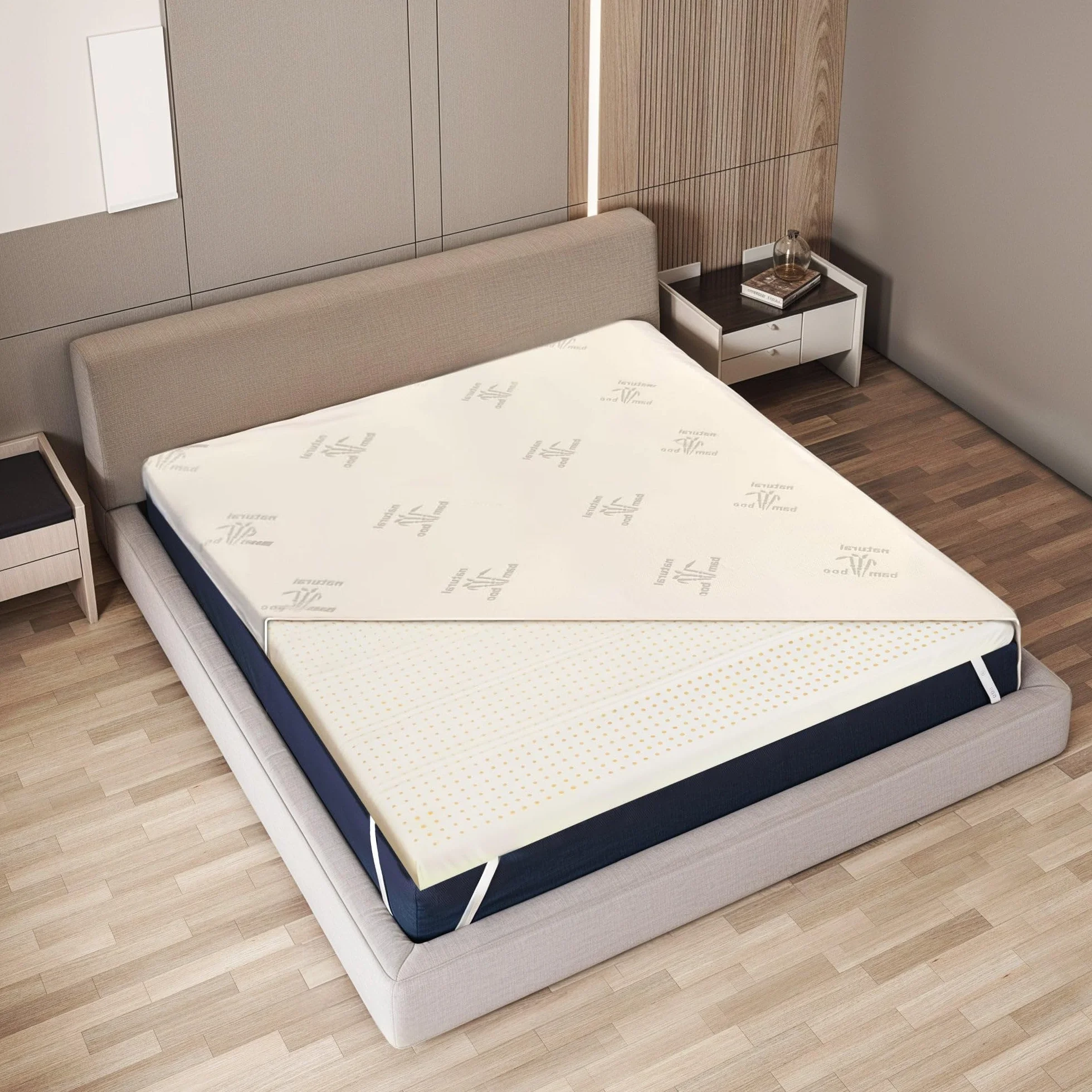 The White Stone Topper Singolo in Lattice Naturale | Tessuto in Bamboo Traspirante e Anallergico Sfoderabile | Altezza 5 cm | Elastici di fissaggio agli Angoli | Correttore per Materasso 80 x 200