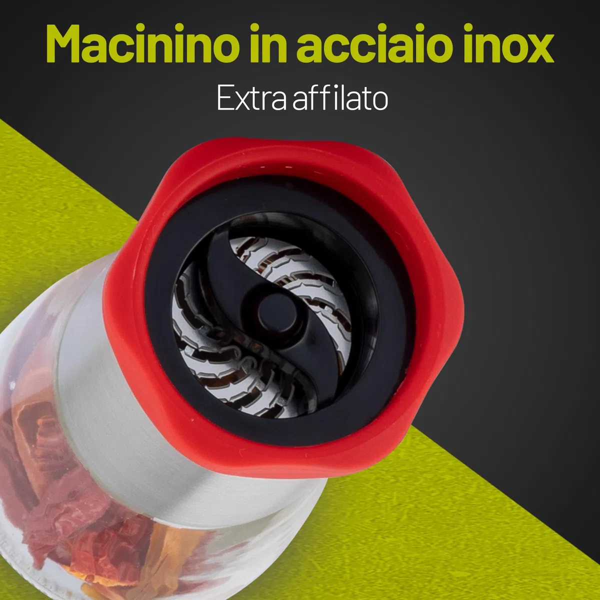 Macinino per peperoncino in acciaio inox e vetro, trita spezie con meccanismo di taglio in acciaio inox - macina peperoncino e altre spezie grossolane, con coperchio protettivo