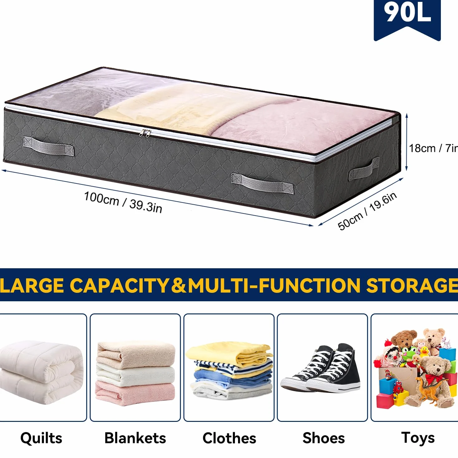 AIOR 2 Pezzi 90L Contenitori Sottoletto Organizzatore letto, Salvaspazio Contenitore Sottoletto Pieghevole con Finestra Trasparente, Organizer per Piumoni, Lenzuola, Vestiti, 100x50x18cm