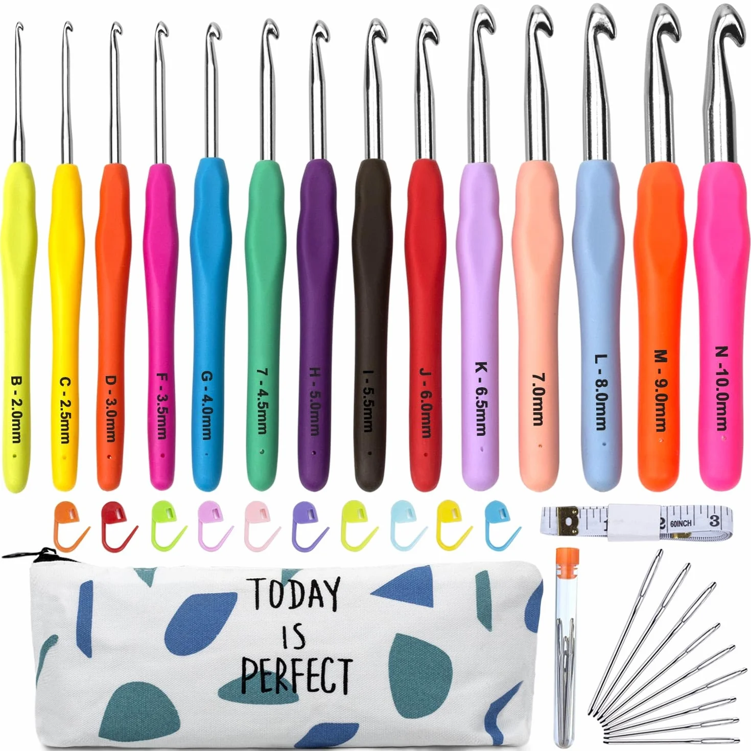 Totofy Uncinetti Set, 14 pz Ferri Uncinetto Ergonomici Manico Morbido Aghi di Crochet con Custodia, 2mm-10mm Extra Lunghe Knit Needles