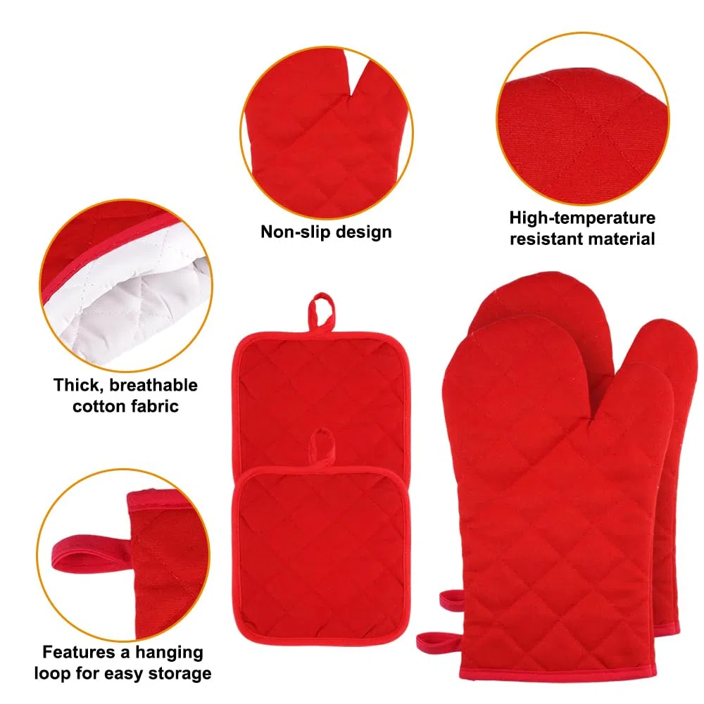 Set di 4 Guanti da Forno e presine, guanti da forno resistenti al calore e antiscivolo, Morbido Guanto Forno, in Morbido Cotone per Cucinare, Grigliare, Cuocere al Forno, Barbecue, Microonde (rosso)