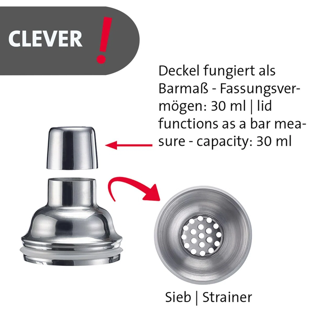Westmark Shaker per cocktail Sam – shaker con bilancia e colino, miscelatore professionale per cocktail, accessori per bar, include ricette – acciaio inox, vetro, 400 ml
