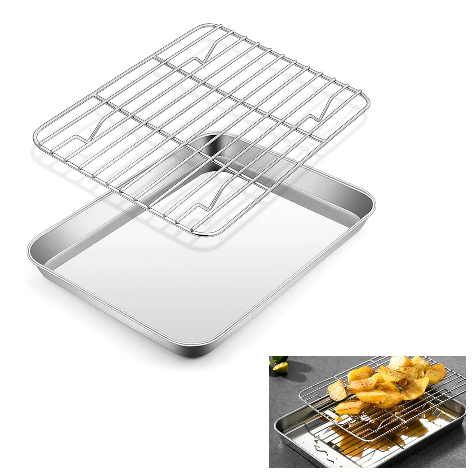 Teglia da Forno con Griglia di Raffreddamento in Acciaio Inox 26x20,5x2,5cm Teglia Forno Rettangolare, Teglie da Forno, Teglia con Griglia, Placca da Forno, Griglia da Forno per Pane, Biscotti
