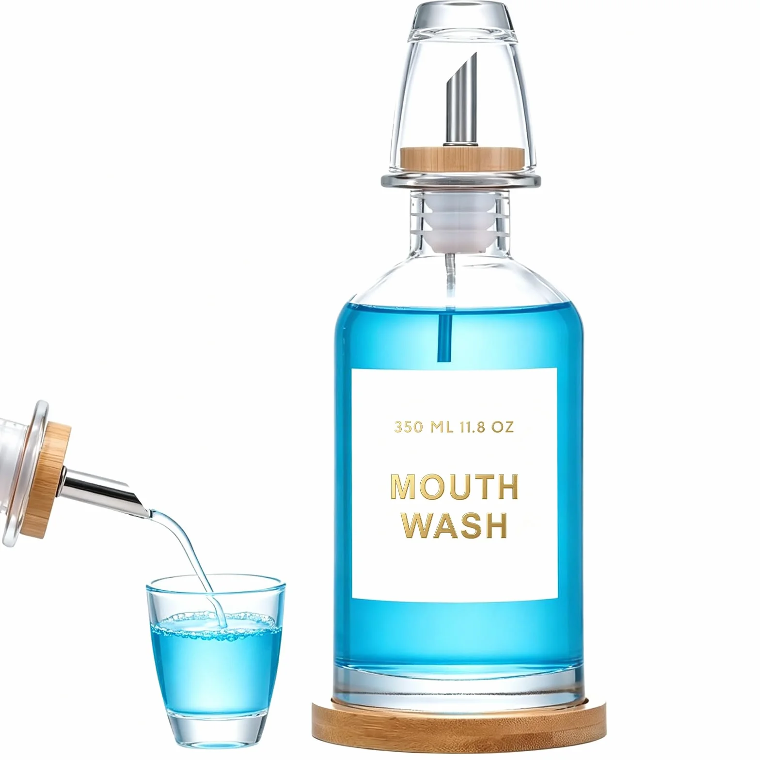 Dispenser per collutto, 350 ml, dispenser di bicchieri con vassoio in bambù, imbuto in acciaio inox, adesivi, bicchiere in vetro, per bagno, manuale, antigoccia, vetro al calcio,
