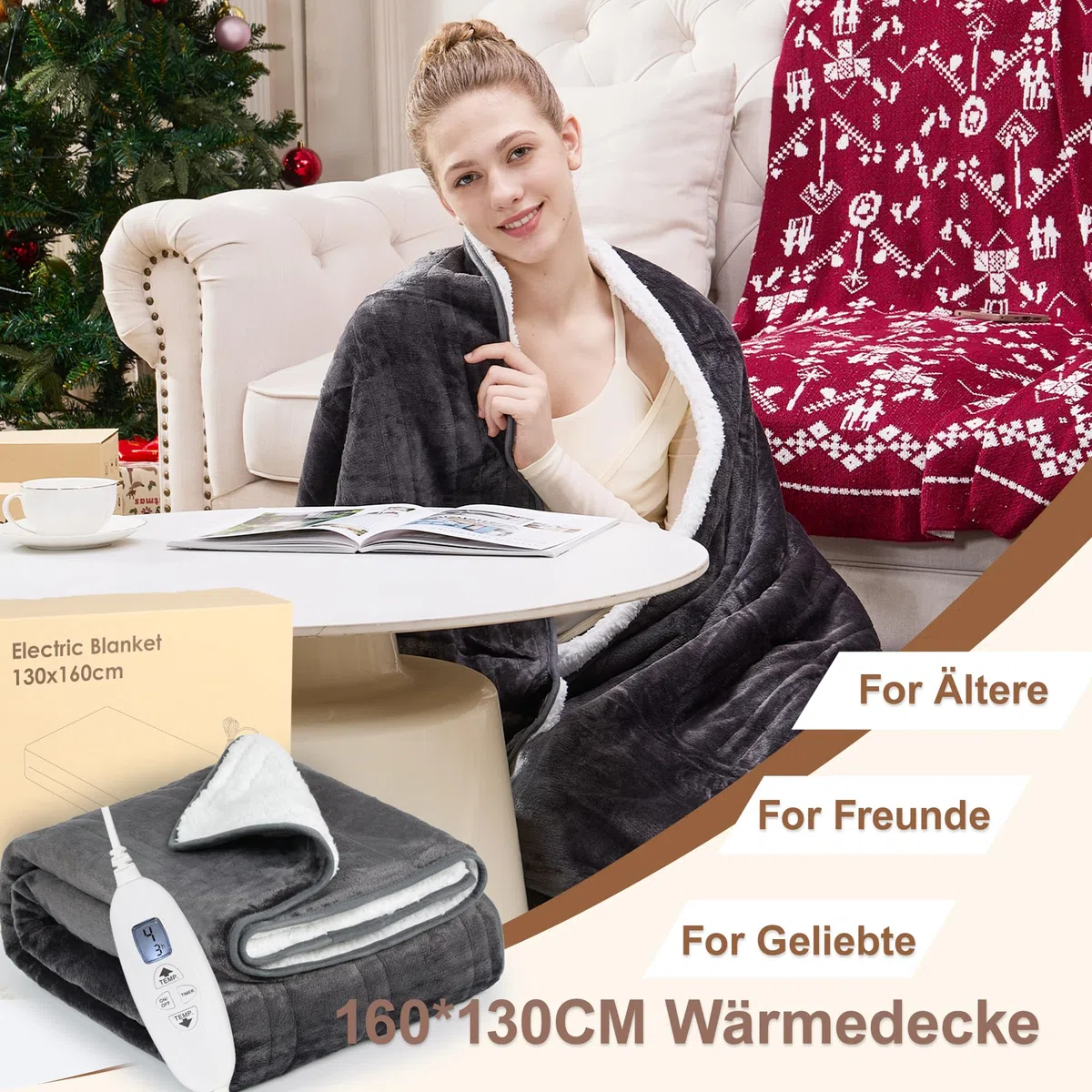 Coperta Elettrica, Coperta Riscaldante 160x130 CM, 4 Impostazioni di Calore e 4 Timer, Lavabile in Lavatrice