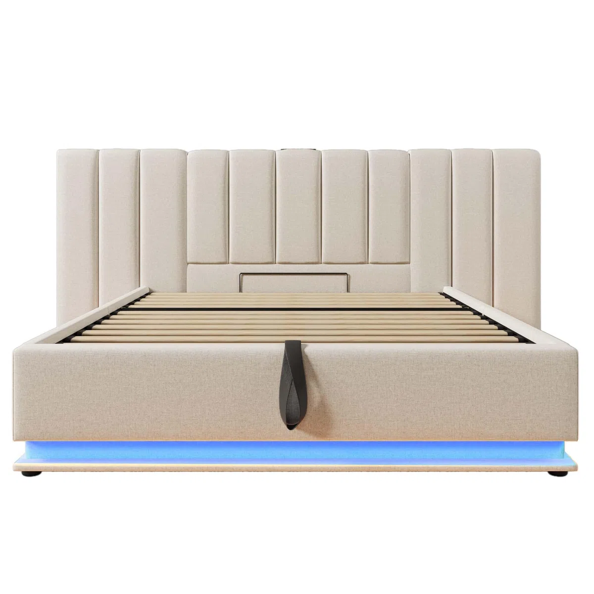 Moimhear Letto imbottito, letto matrimoniale con contenitore con controllo App LED e funzione di ricarica USB-C, lino, senza materasso e comodino (beige, 160 x 200 cm)