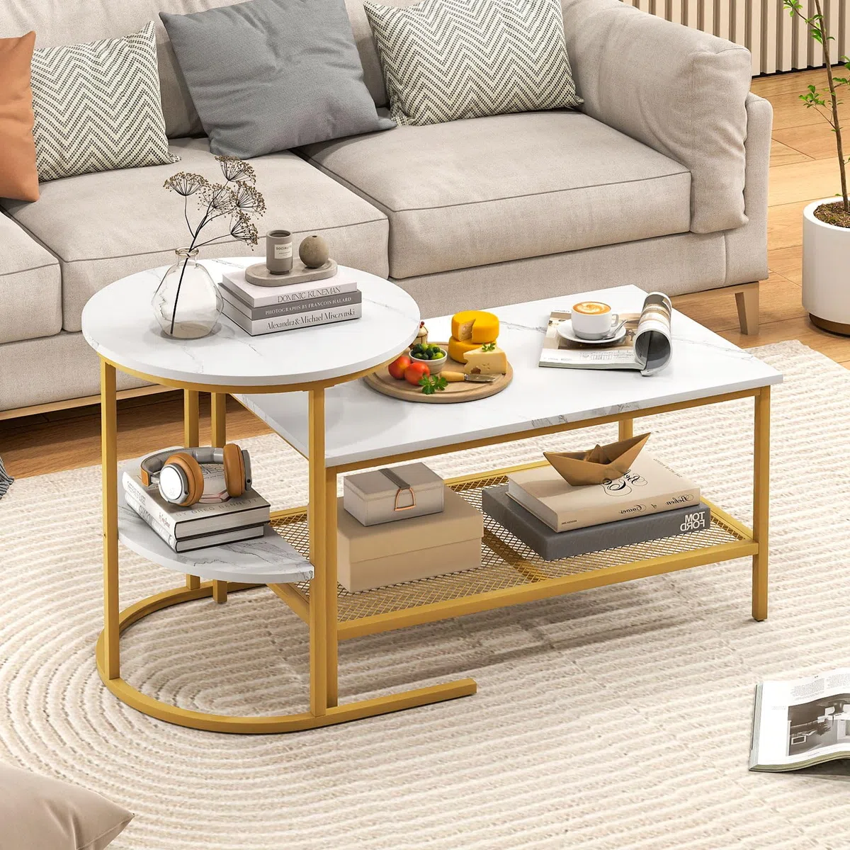 COSTWAY Set di Tavolini da Caffè Componibili, 2 in 1 Set di Tavoli Rimovibili con Piano in Marmo Sintetico, Tavolino Rotondo e Tavolino Rettangolare per Salotto e Camera da Letto (Oro)