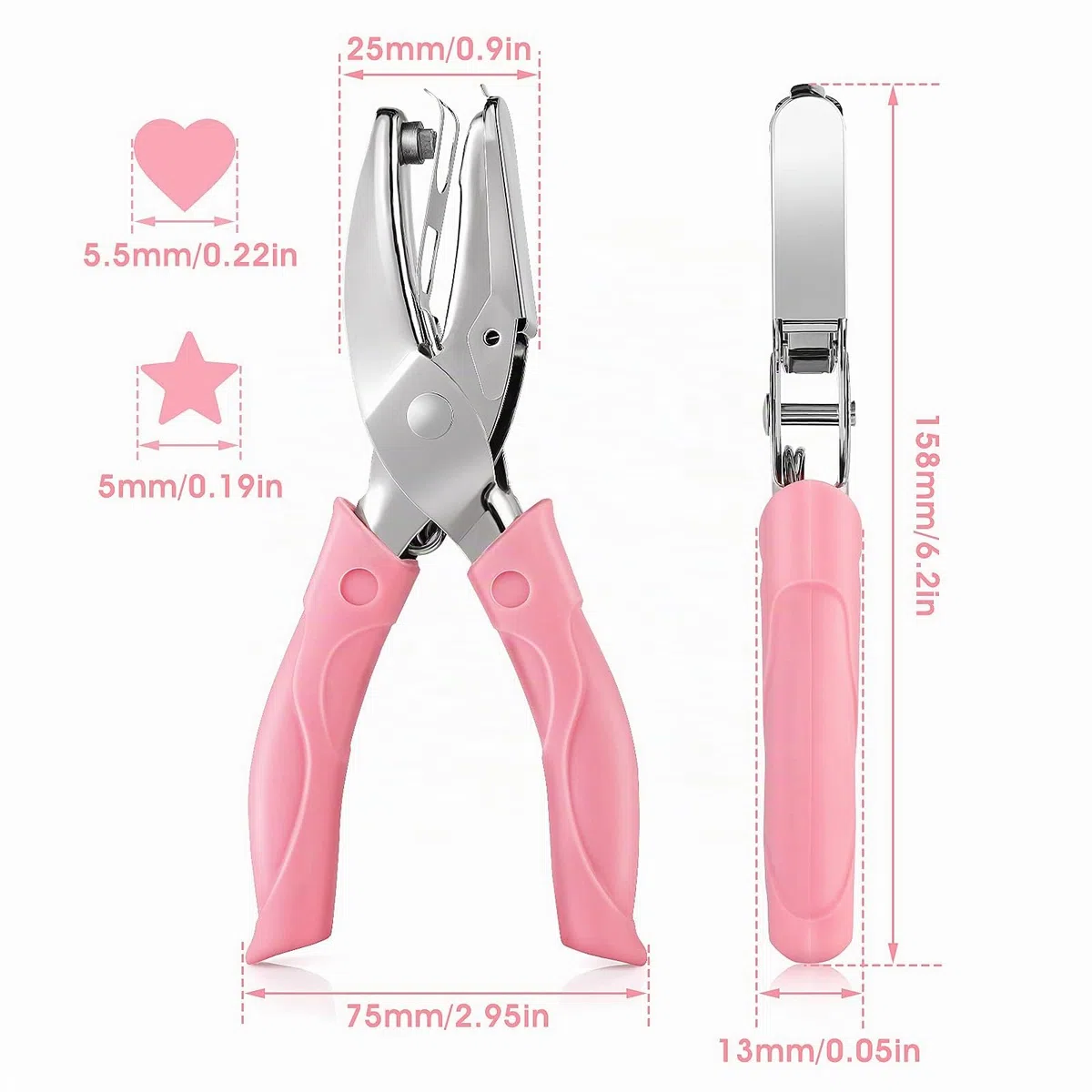Aster 2PCS punzonatrice manuale per carta in metallo, punzonatrici con impugnatura morbida a forma di cuore/stella, punzonatrice per etichette fai-da-te, abbigliamento, biglietti, strumento per